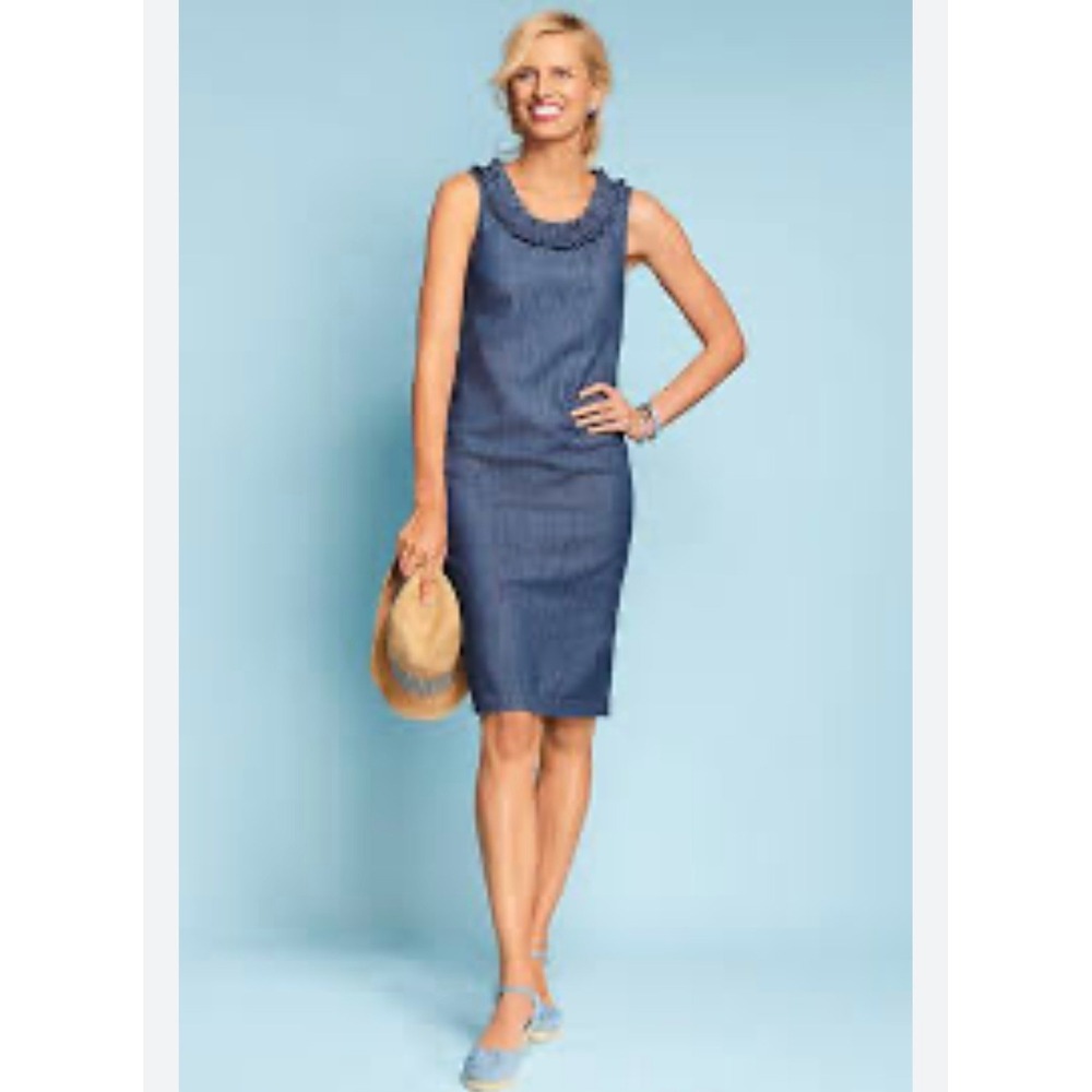 Talbots Blue Denim Chambray Ruffle Neck Sleeveless Shift Dress Womens 10